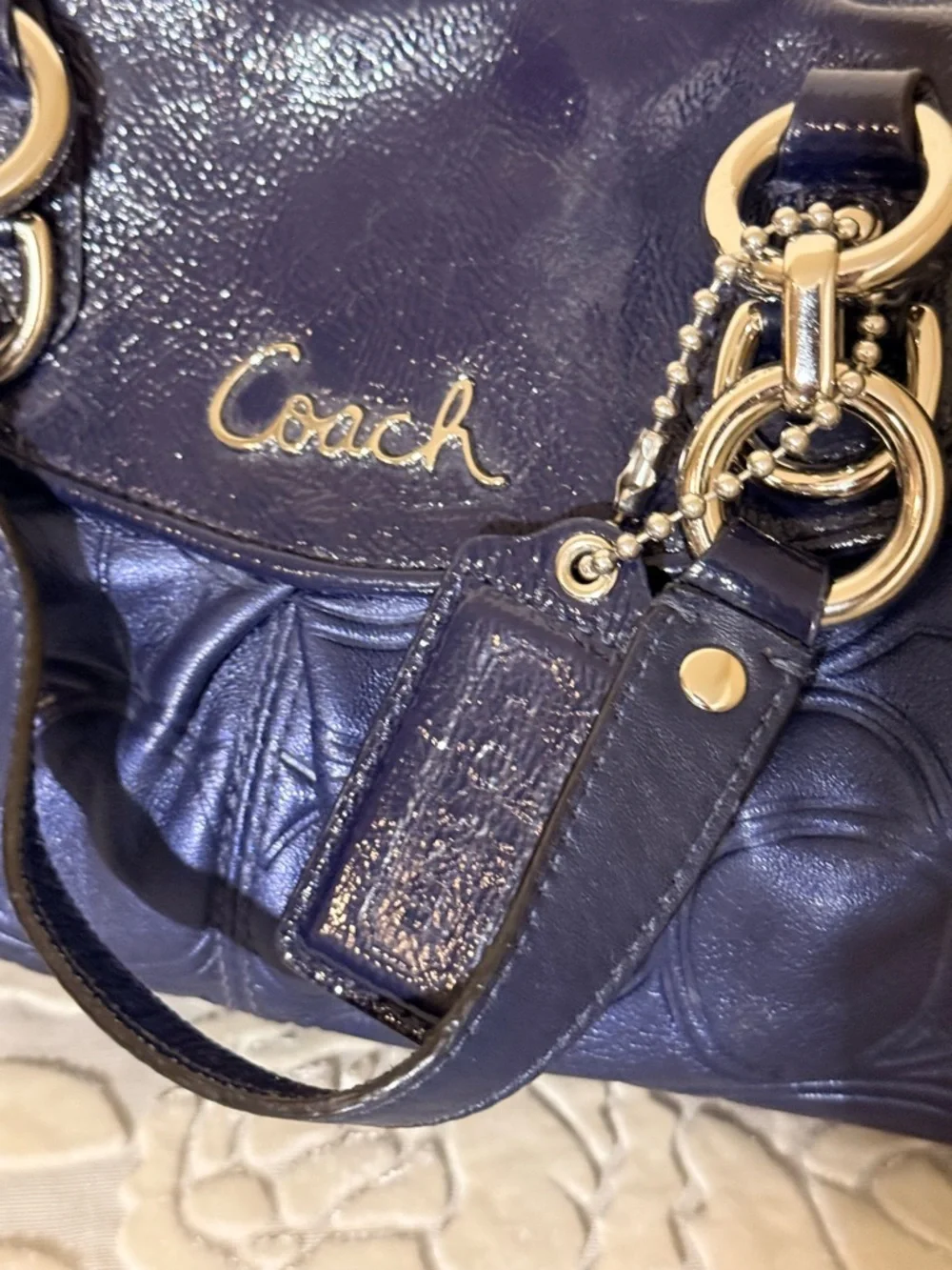 Coach Ashley Embossed Leather Satchel Cobalt Blue Signature Carryall Bag - Picture 2 of 10